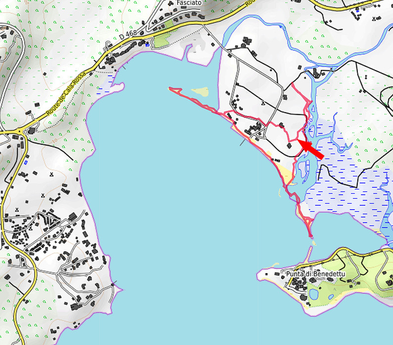 Carte OpenTopoMap de la Baie de Stagnolu avec notre tracé GPX