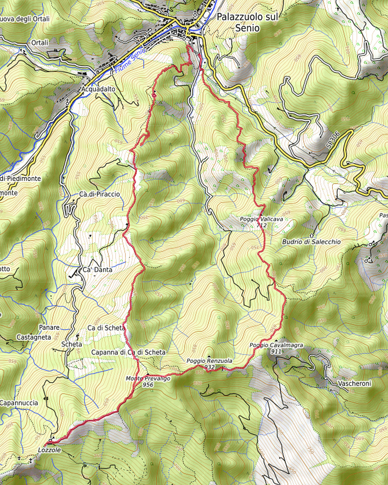 Carte OpenTopoMap entre Palazzuolo et Lozzole avec notre tracé GPX