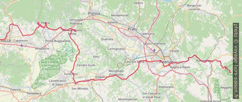 Carte OpenTopoMap de Lucca à Vallombrosa avec notre tracé GPX