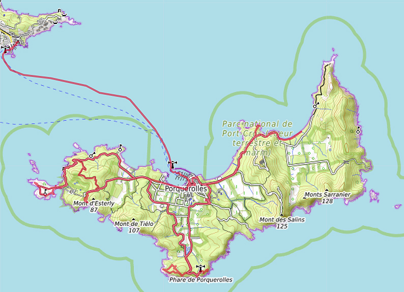 Carte OpenTopoMap de Porquerolles avec notre tracé GPX