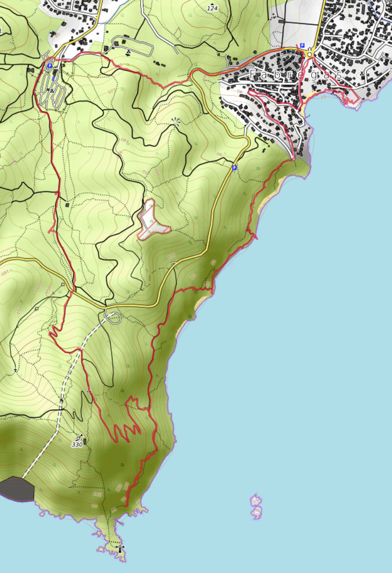 Carte OpenTopoMap entre Fabrégas et le Cap Sicié avec notre tracé GPX