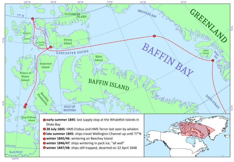 Carte de la route probable par Franklin lors de sa dernière expédition. Carte Wikimédia CCBY4 par Smurftrooper