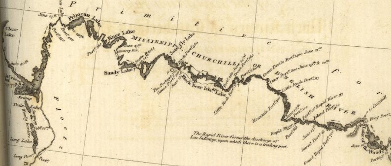 Carte tracée par John Franklin autour de l'Isle à la Crosse lors de l'expédition 1819-1820