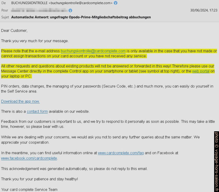 Email automatique de Visa