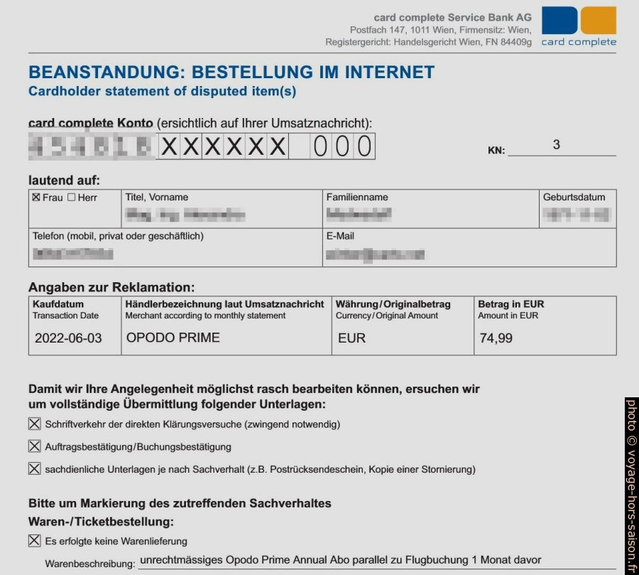 Formulaire de réclamation Visa