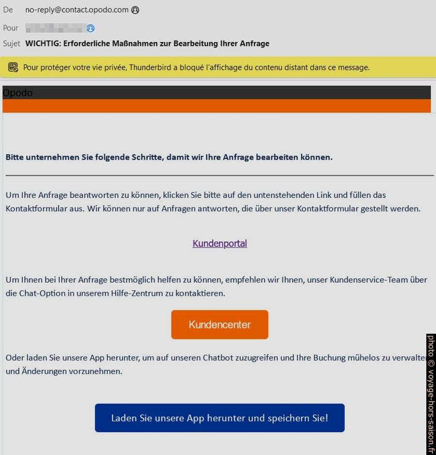 Email automatique unique d'Opodo